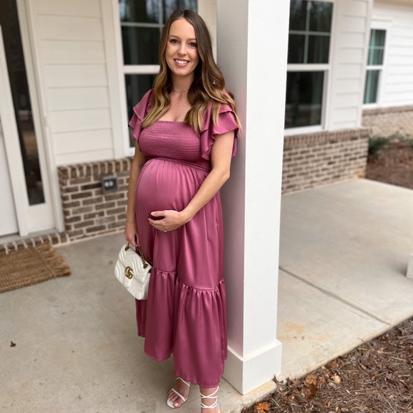 Mauve Satin Flutter Sleeve Maternity Midi Dress - Picture 5 of 5